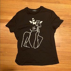 black t shirt with girl and butterflies